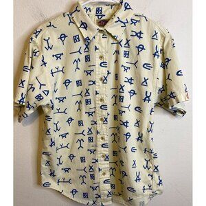 Vintage BARNFLY Button Short Sleeve Shirt Logo All Over Western Cowboy USA Sz M